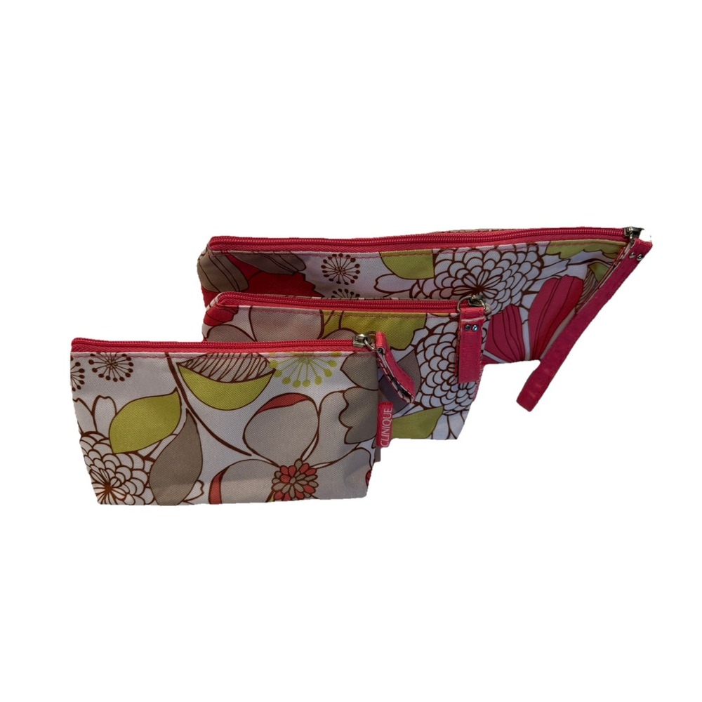 Clinique Makeup Bags Multi~Color Floral Lined 3Pc Set NWOT